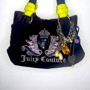 VTG JUICY COUTURE purse shoulder bag black velvet chartreuse green shiny leather